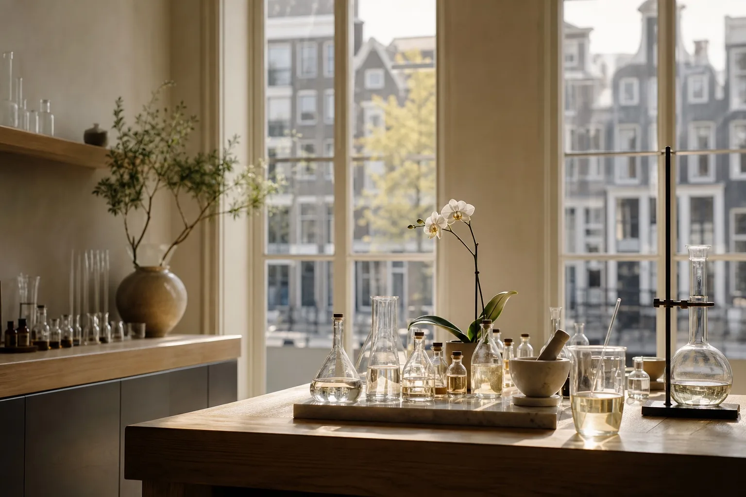 Modern minimalist laboratory by an Amsterdam canal-house window with beakers and a delicate orchid