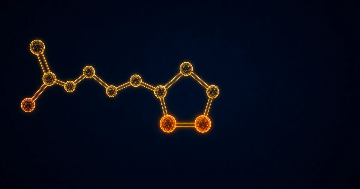 Abstract visualisation of the alpha-lipoic acid molecular structure with glowing amber highlights on a deep navy background