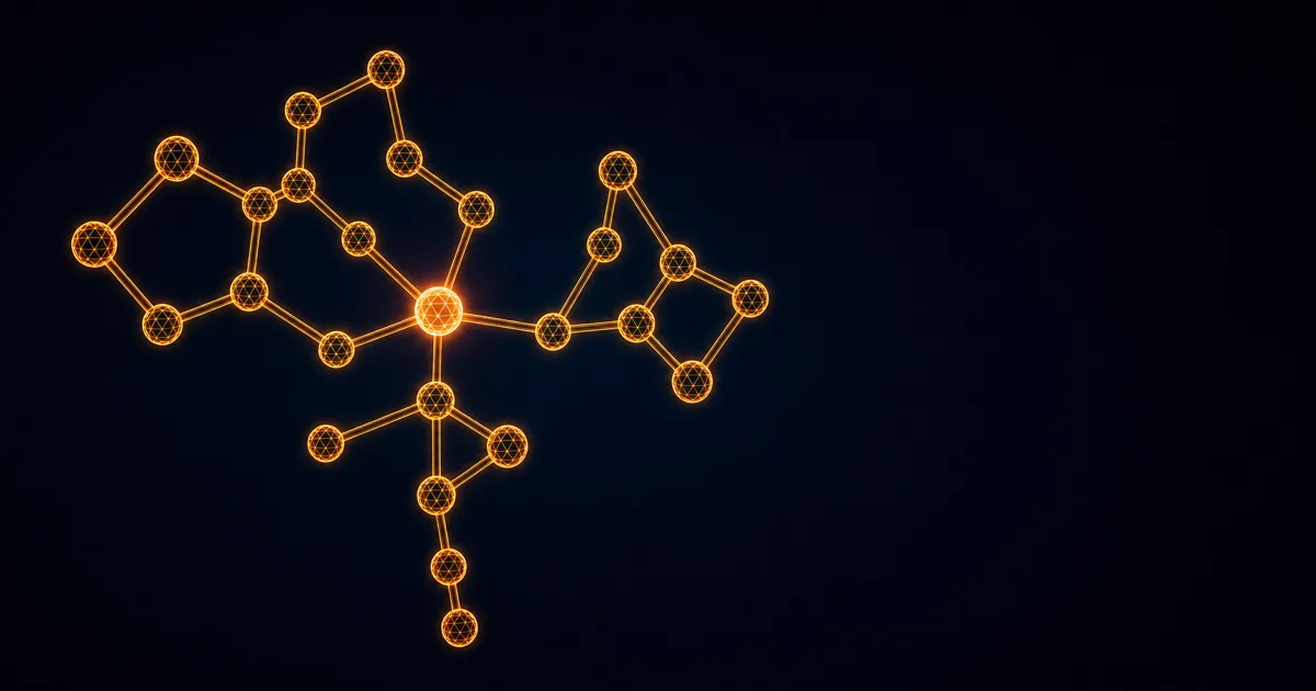 Abstract visualisation of interlinked amino acid molecular chains and a peptide backbone, glowing amber on a deep navy background