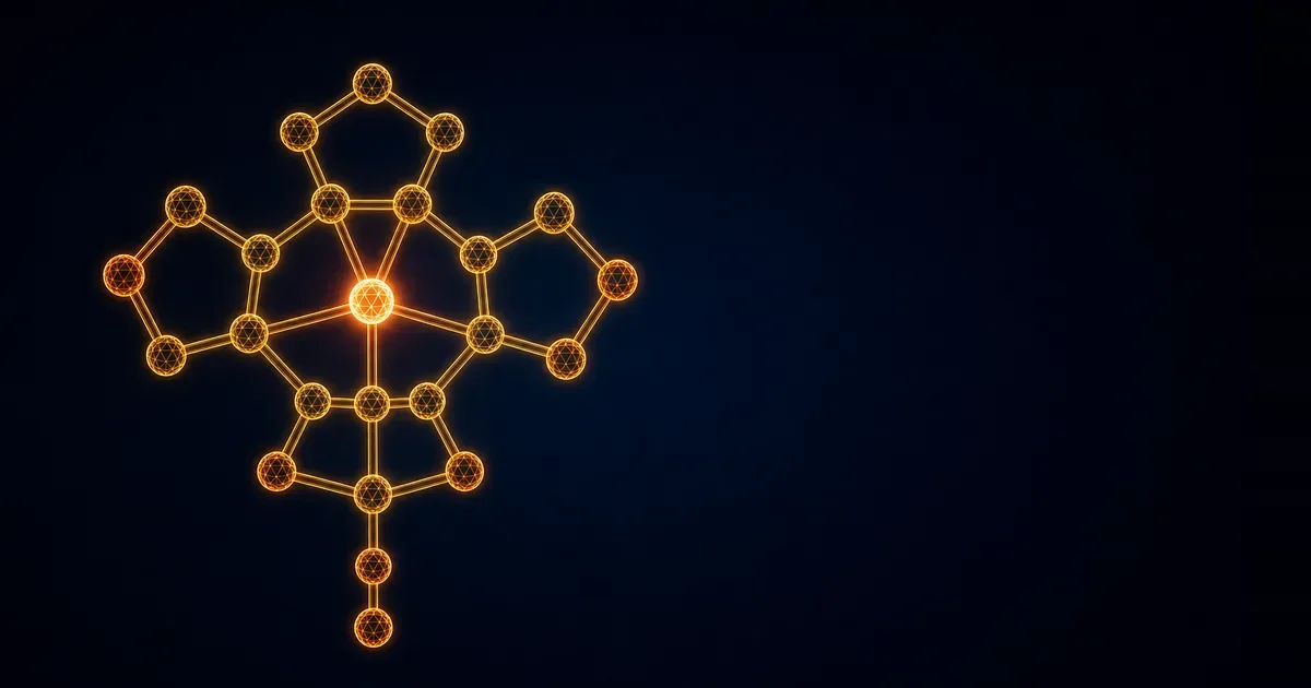 Abstract visualisation of the cobalamin corrin ring with a cobalt centre and methyl-transfer nodes, glowing amber on a deep navy background