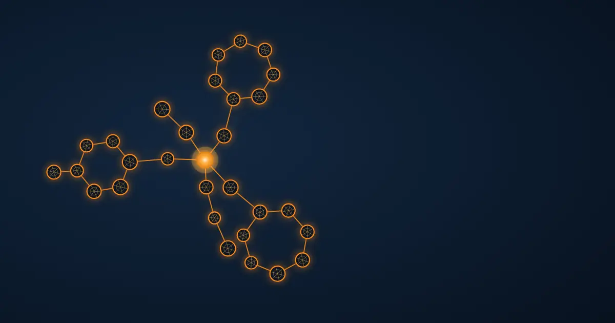 Abstract wireframe visualisation — three closed rings of linked nodes radiating from a single bright central node, glowing amber on a deep navy background