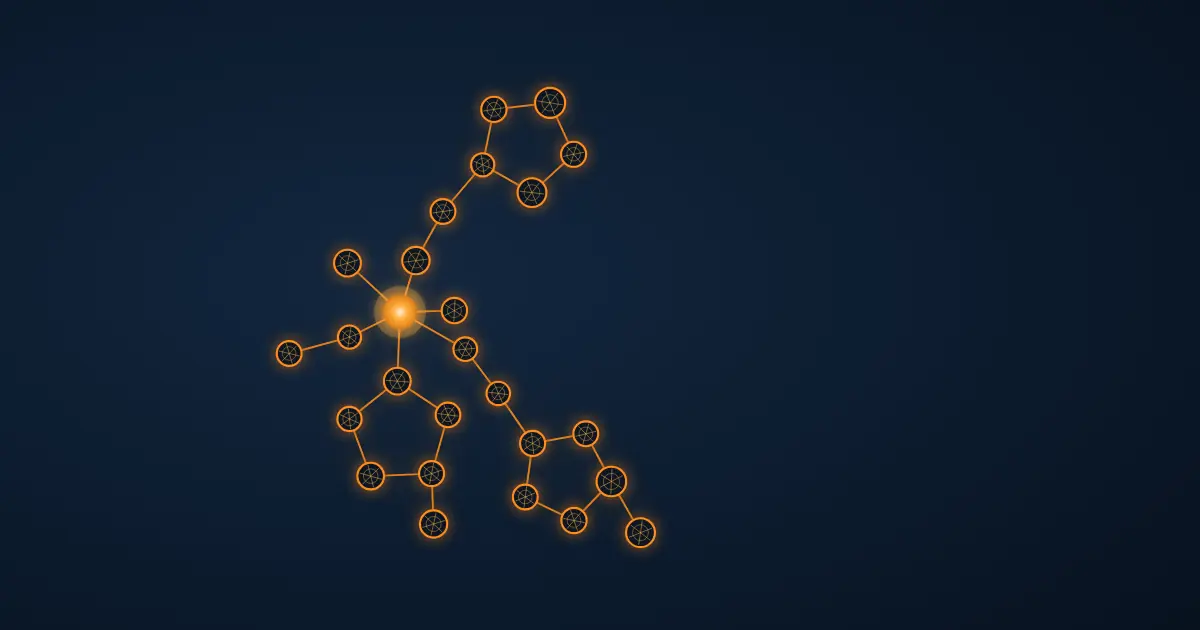 Abstract wireframe visualisation — three branching chains of linked nodes extending from one bright central node, each chain closing into a ring, glowing amber on a deep navy background