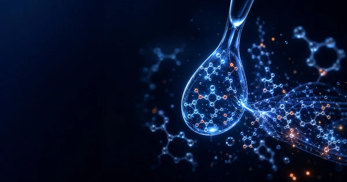 Abstract visualisation of an intravenous micronutrient infusion with glowing vitamin and mineral molecules on a deep navy background