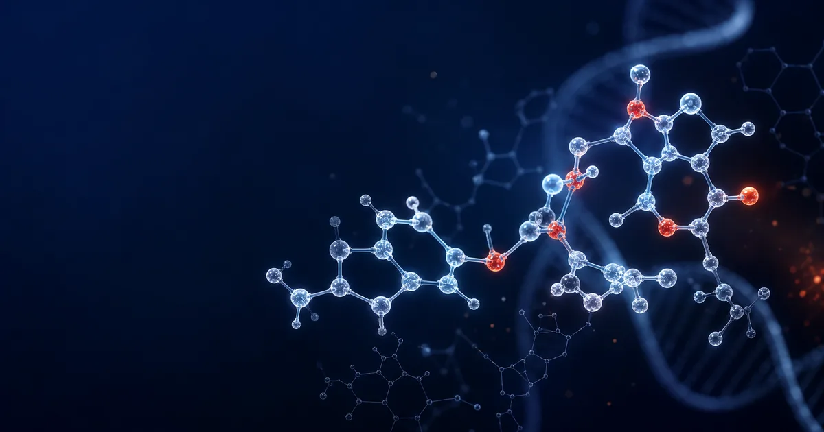 Abstract molecular visualisation of NAD+ on a deep navy background