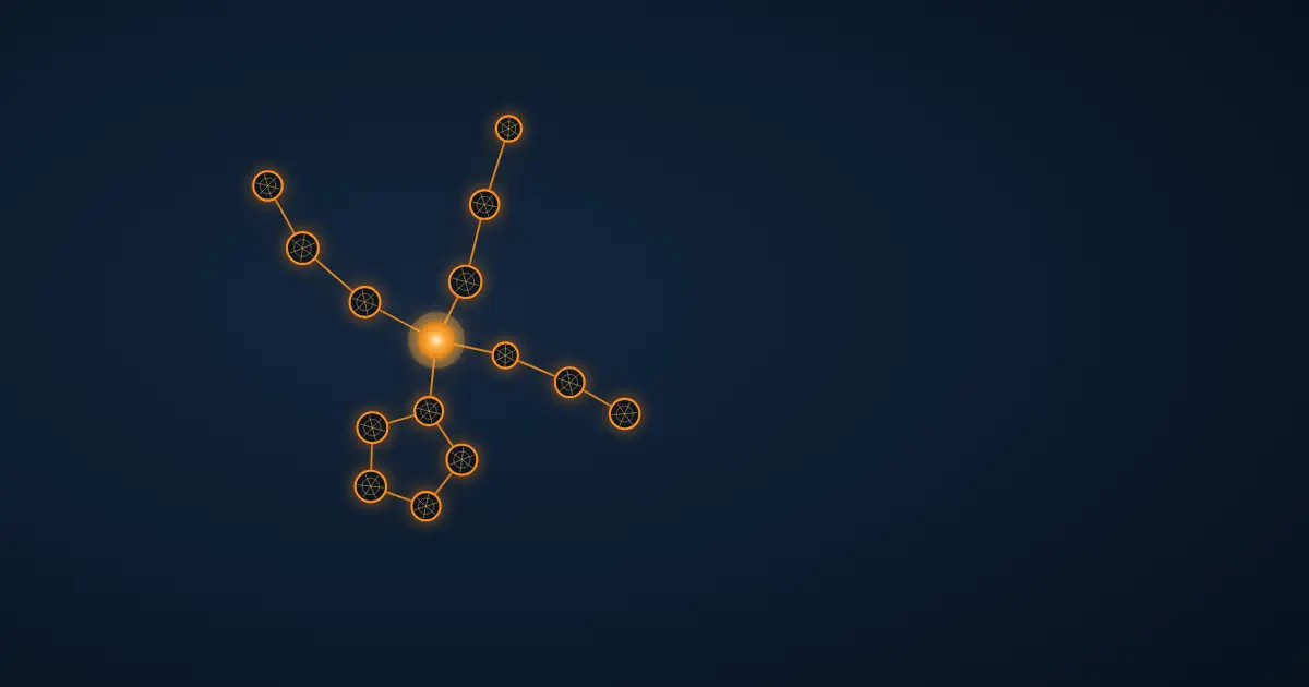 Abstract wireframe visualisation of a short peptide backbone, a chain of linked residues whose terminal segment fades into indefinition, glowing amber on a deep navy background