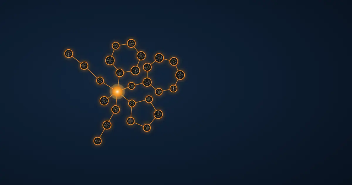 Abstract wireframe visualisation of a secosteroid skeleton — fused rings and a long side chain radiating from a single bright node, glowing amber on a deep navy background